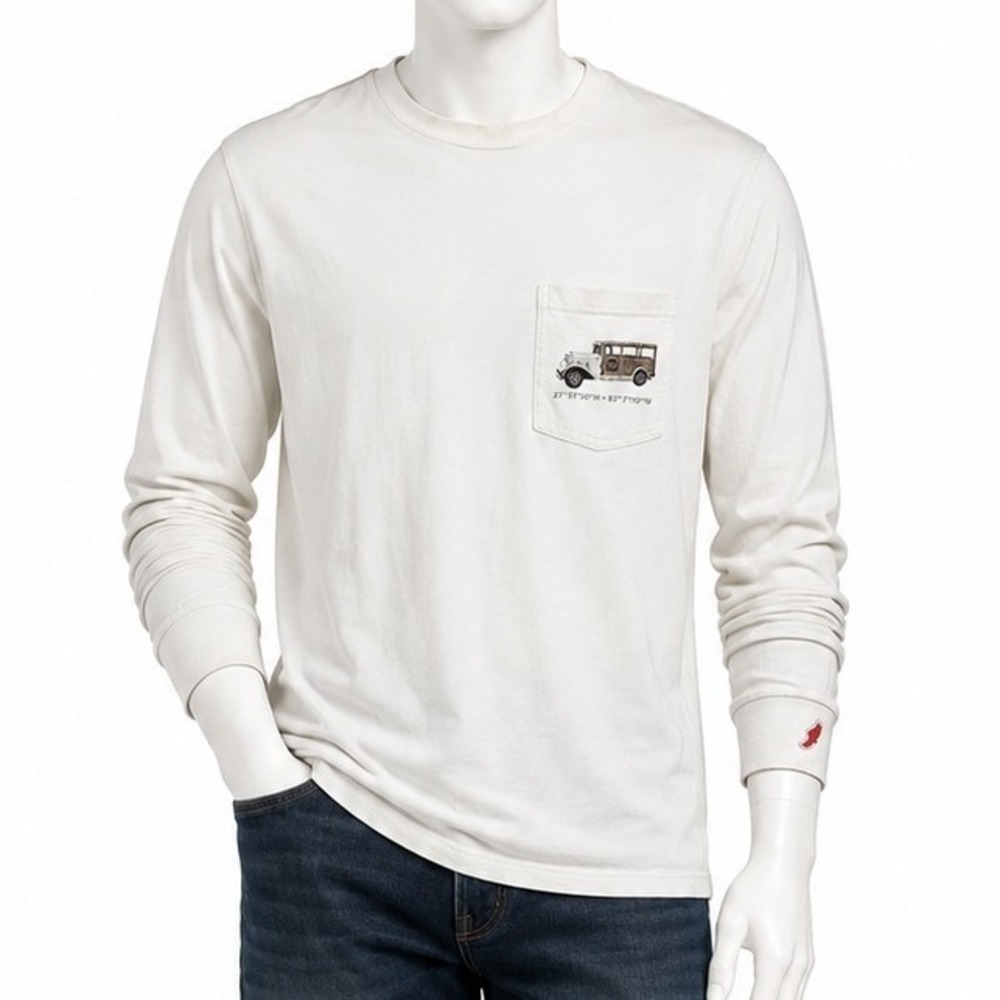 League Mens Long Sleeve Anna Maria Island Graphic Pocket Tee Cream M